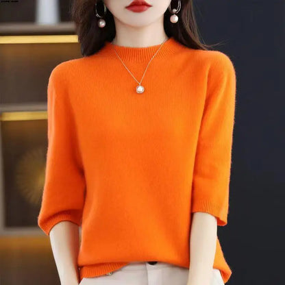 2026 New Soft Short Sleeve Women's Half High Neck Overhead Wool Blend Simple Loose Thin Seven Sleeve Woolen Sweater