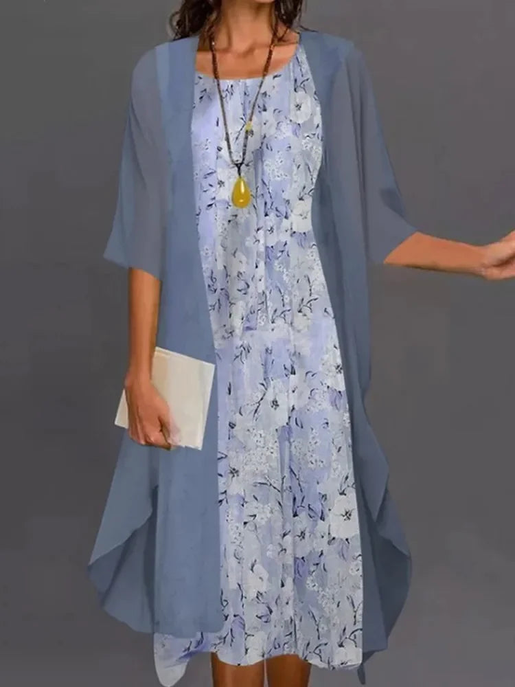 Fashion Women Chiffon Summer Sleeveless O-Neck Print Loose Party Dresses +Cardigan Shawl Elegant Casual Lady Two Piece Set Dress