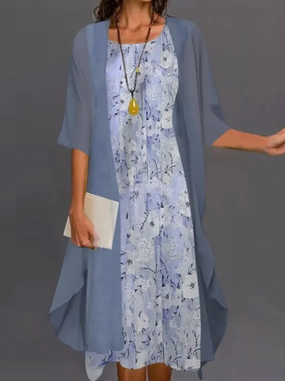 Fashion Women Chiffon Summer Sleeveless O-Neck Print Loose Party Dresses +Cardigan Shawl Elegant Casual Lady Two Piece Set Dress