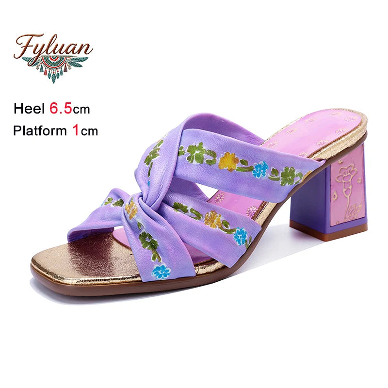 Purple Handmade Woman Slippers Luxury Party Banquet Shoes 6.5CM High Heels Summer Fashion Slide Lady Square Toe Bohemian Sandals