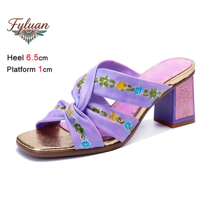 Purple Handmade Woman Slippers Luxury Party Banquet Shoes 6.5CM High Heels Summer Fashion Slide Lady Square Toe Bohemian Sandals