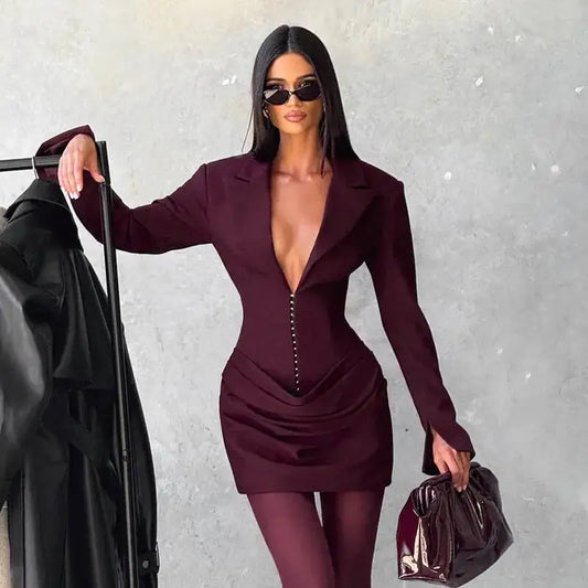 Avrilyaan Casual Pleated Sexy Dress Women 2025 Elegant Party Dress Blazer Long Sleeves Bodycon Mini Autumn Winter Dress Vestidos