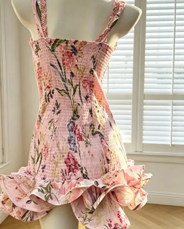 Pink Printed Women's Dress Fashion Wide Shoulder Straps And Pleated Hem Cinched Waist Vestido 2026 Lady Party Vacation Gowns
