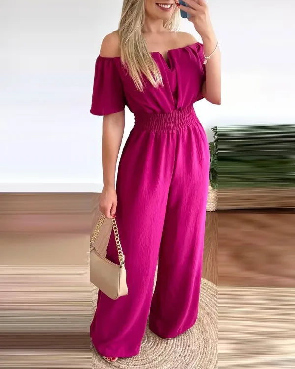 Summer New Women Sexy One Line Shoulder Solid Color Short Sleeve Jumpsuit Slim Elastic Waist Loose Straight Female Long Jumpsuit