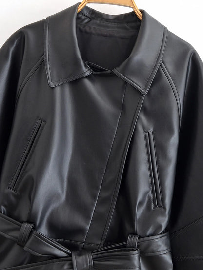 HH Women Fashion Black Short Faux Leather Trench Coat Long Sleeve Lapel Jacket With Belt Vintage Lady Motorcycle Jacket Outwear