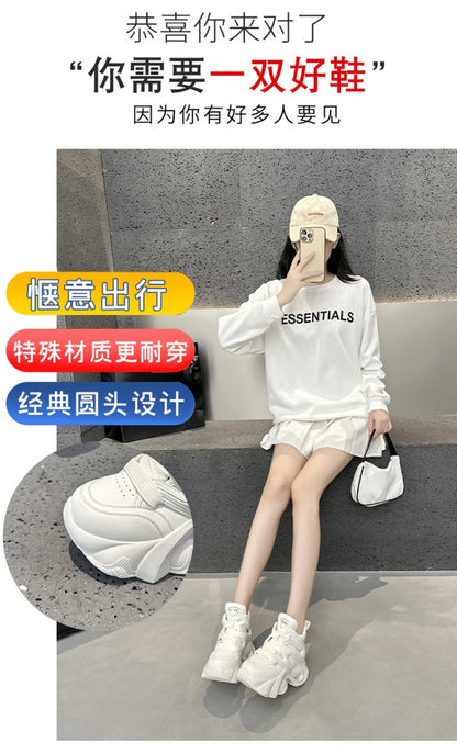 Chunky Platform Hidden Height Increasing Sneakers Casual Lace Up Shoes In White And Grey With Hollow Out Design For Streetwear
