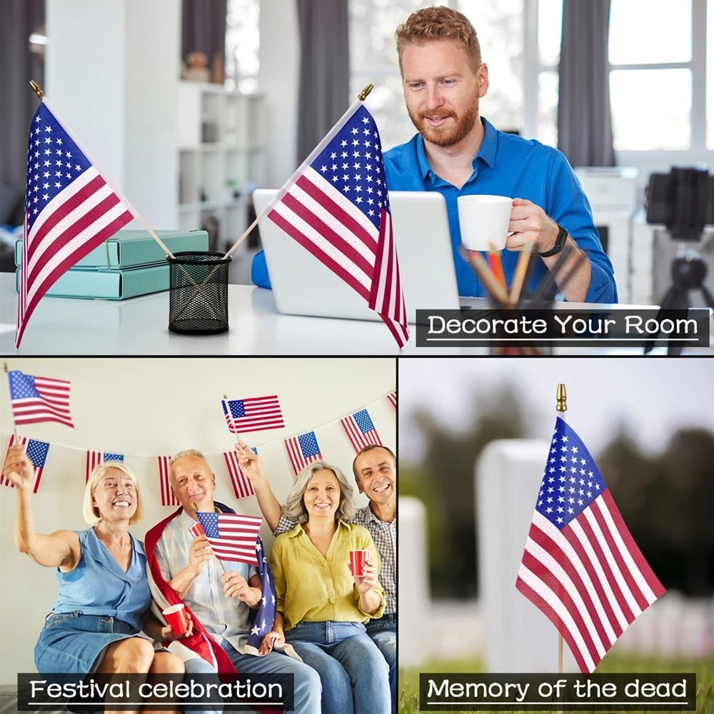 30pcs HandHeld American Stick Flags, 14x21cm HandHeld Mini USA Flag for Independence Day Outside Patriotic Holiday Yard Patio
