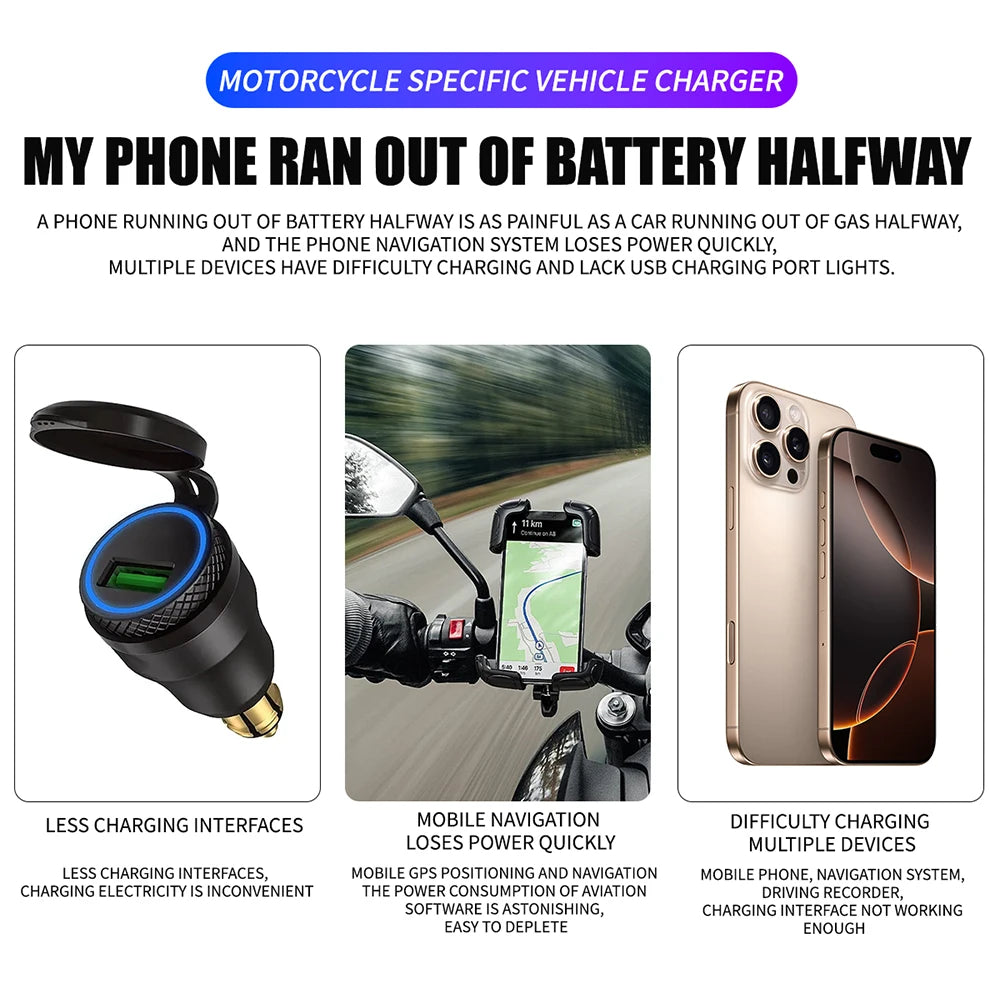 1x Motorcycle Dual USB Socket QC3.0 Fast Charger 60W Handle Style with Switch Voltmeter Waterproof 12V Power Supply Adapter Kit