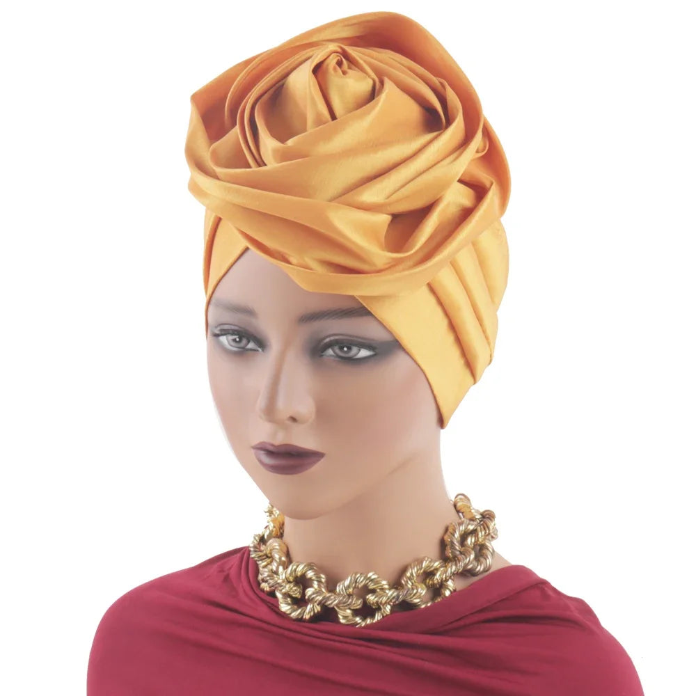 Raw Silk Big Rose Flower African Turban Caps for Women Headwear Head Wraps Nigerian Wedding Geles Party Headgear Bonnet
