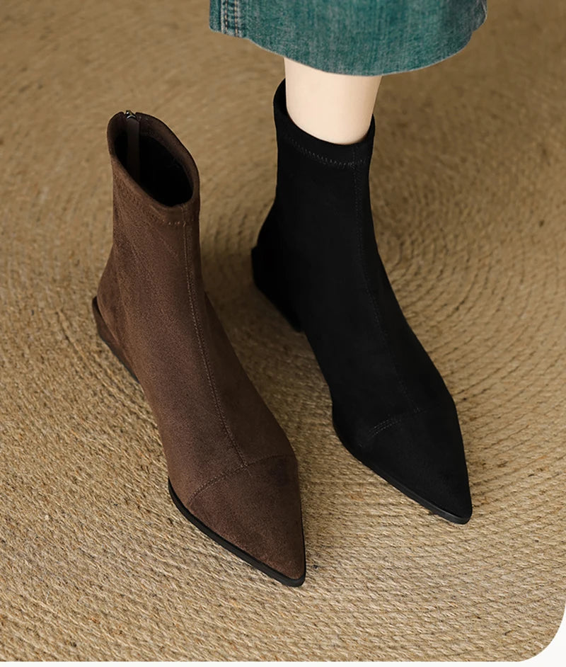 Autumn Vintage Suede Women Ankle Boots Ladies Concise Pointed Toe Thick Heel Short Botas Zapatos De Mujer