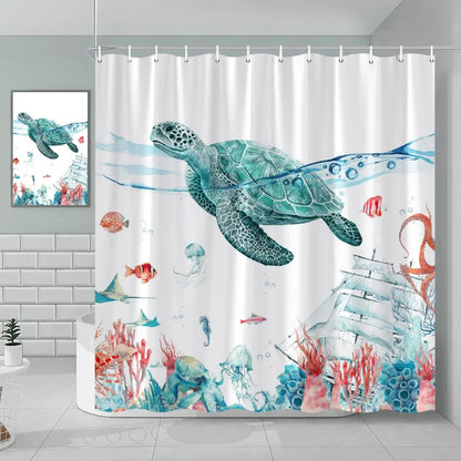 Nautical Green Sea Turtle Beach Theme Fabric Shower Curtain Set Bathroom Blue Ocean Decor with Grommets and Hooks