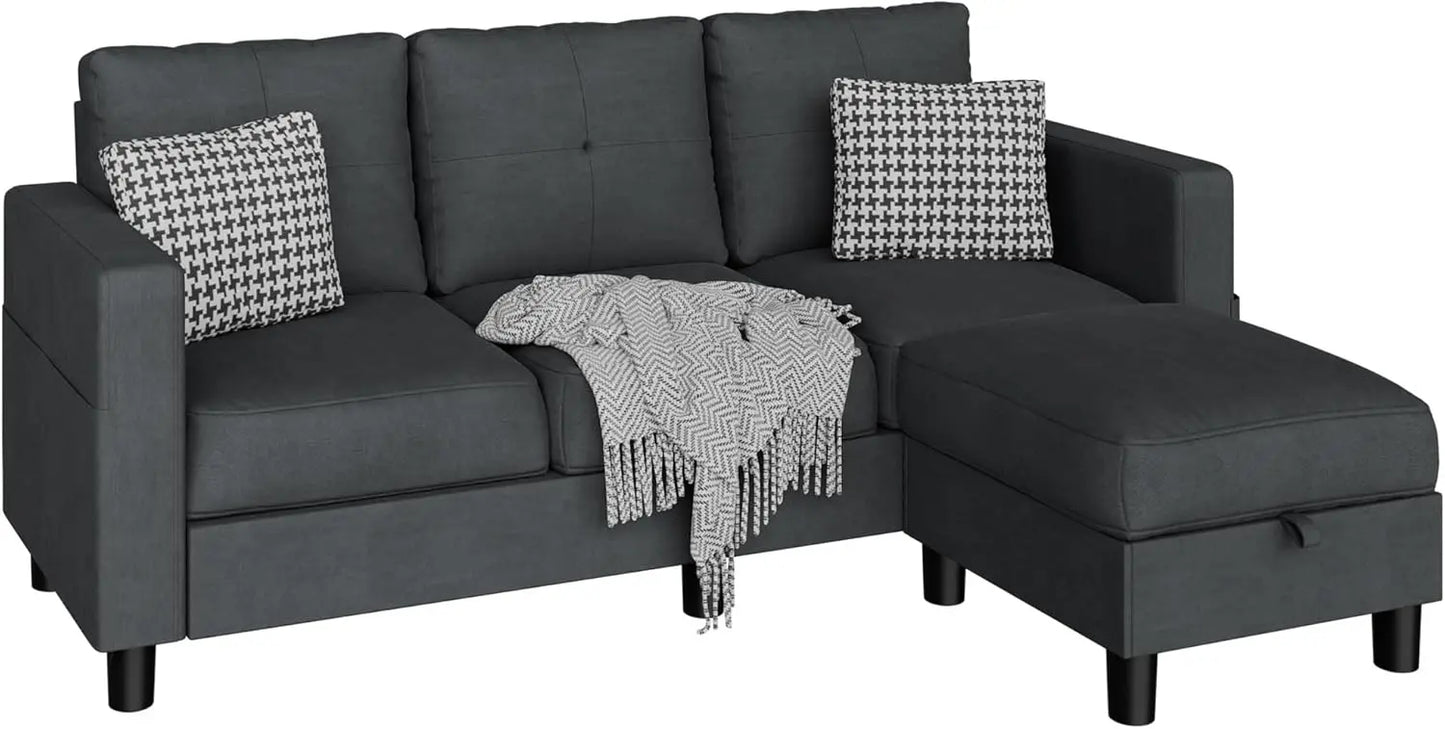 L-Shaped Couch 3 Seat Sofa Set with Linen Fabric and Ottoman Small Couch for Apartments, Black sofa set living room furniture