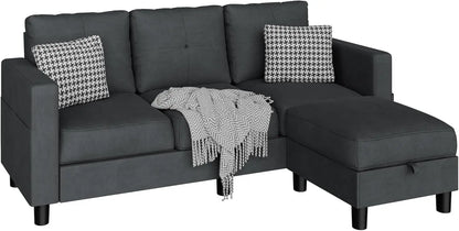 L-Shaped Couch 3 Seat Sofa Set with Linen Fabric and Ottoman Small Couch for Apartments, Black sofa set living room furniture