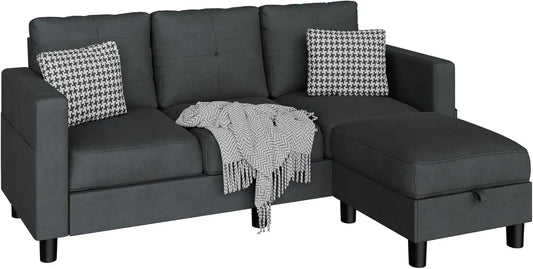 L-Shaped Couch 3 Seat Sofa Set with Linen Fabric and Ottoman Small Couch for Apartments, Black sofa set living room furniture