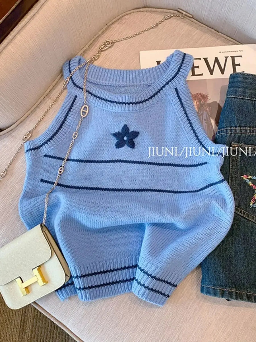 Women's Clothing Fashionable Slim O-neck Knitted Tanks Summer Sexy Chic Geometric Embroidery Sleeveless Tops