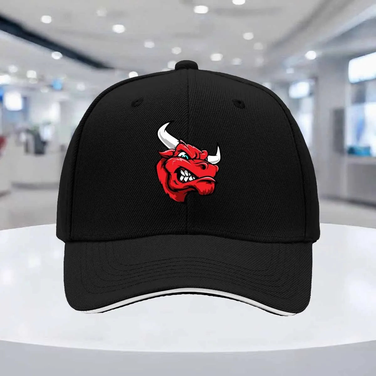 The red and fun angry bull head baseball cap features an adjustable snap design, making it lightweight and durable