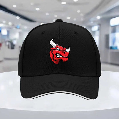 The red and fun angry bull head baseball cap features an adjustable snap design, making it lightweight and durable