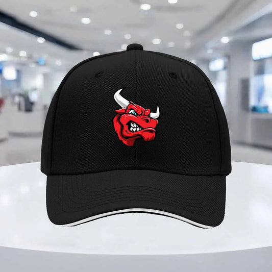 The red and fun angry bull head baseball cap features an adjustable snap design, making it lightweight and durable