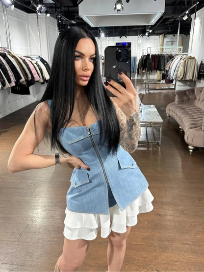 Sleeveless Sling Denim Vest Street Zippers Backless Off Shoulder Pocket Women Tank Top 2026 New Spring Summer Lady Crop Tops
