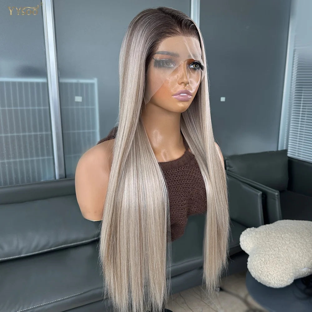 Long Heat Resistant 13x6 Synthetic Lace Front Wig Japan Futura Hair Ombre Highlights Silky Straight Hair Pre Plucked Hairline