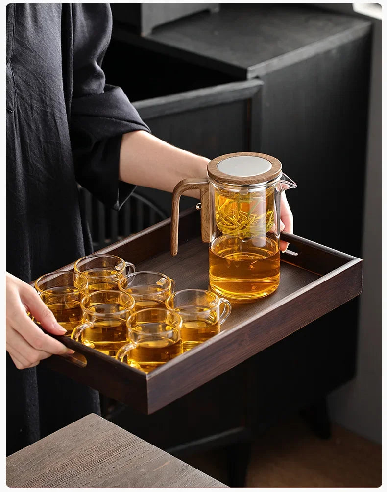 600ML Enchanti Tea Pot Glass Kettle Teapot with Wooden Handle One Click Switch Tea Filtration  Teapots Puer Tea Cup Set