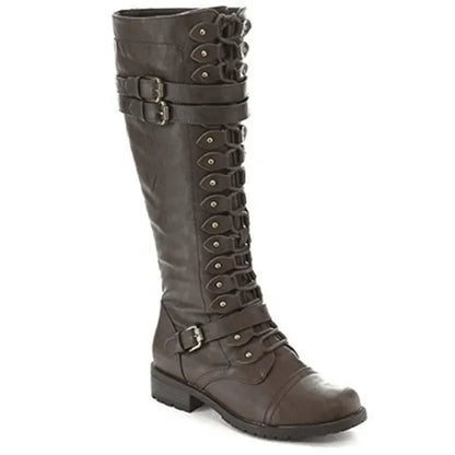 Women Knee high Boots Autumn Winter Lace Up Flat Shoes Sexy Steampunk PU Retro Buckle women shoes Ladies Snow Boots yui8