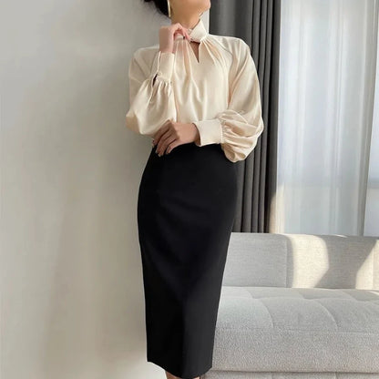 Office Lady Hollow Out Loose Shirt Tops Spring Autumn New Long Sleeve Elegant Solid Blouse Temperament Fashion Women Clothing
