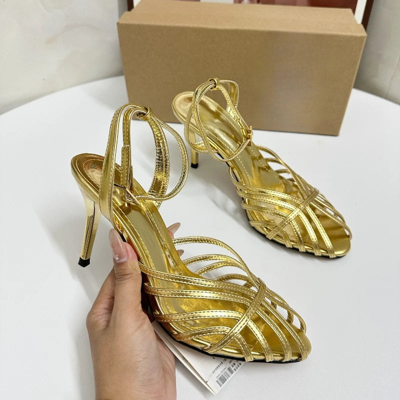 Women's Gold Roman Gladiator Sandals High Heels Stiletto Open Toe Ankle Strap Sexy Luxury Wedding Party Evening Dress Shoes
