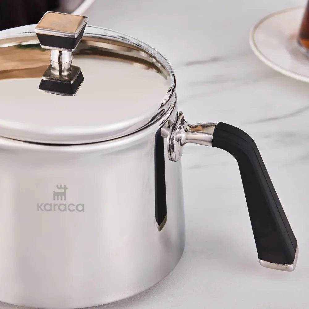 Stainless Steel XL Turkish Teapot Set with 1L Pot and 2L Tank, Compatible with Stovetop and Induction, Elegant Design for Large