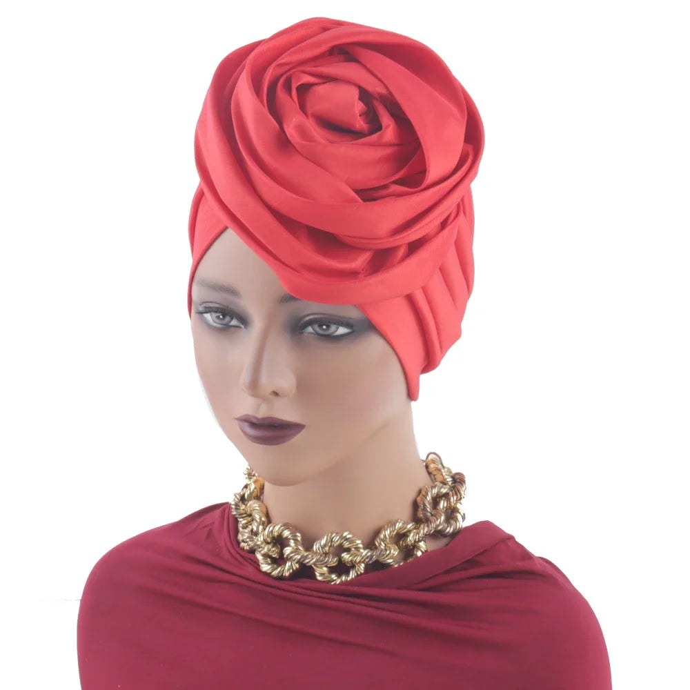 Raw Silk Big Rose Flower African Turban Caps for Women Headwear Head Wraps Nigerian Wedding Geles Party Headgear Bonnet