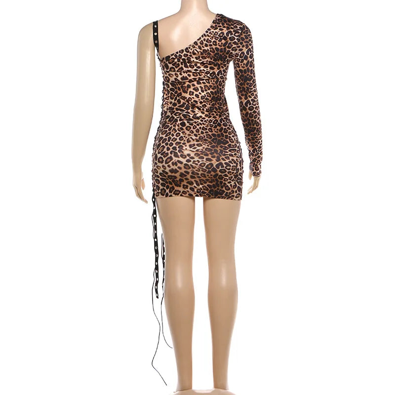 FAGADOER Spring New Sexy Leopard Print Dresses Woman Off-shoulder Backless Bandage Patchwork Dress Female Streetwear Vestidos