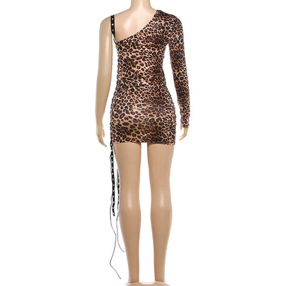FAGADOER Spring New Sexy Leopard Print Dresses Woman Off-shoulder Backless Bandage Patchwork Dress Female Streetwear Vestidos