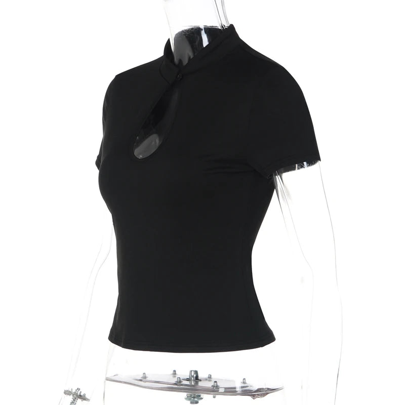 Stand Collar Button Hollow Out T-shirt Women Sexy Solid Short Sleeves Slim Fit Cropped Shirts 2026 Lady Daily Street Outwear New