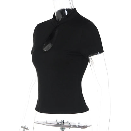 Stand Collar Button Hollow Out T-shirt Women Sexy Solid Short Sleeves Slim Fit Cropped Shirts 2026 Lady Daily Street Outwear New
