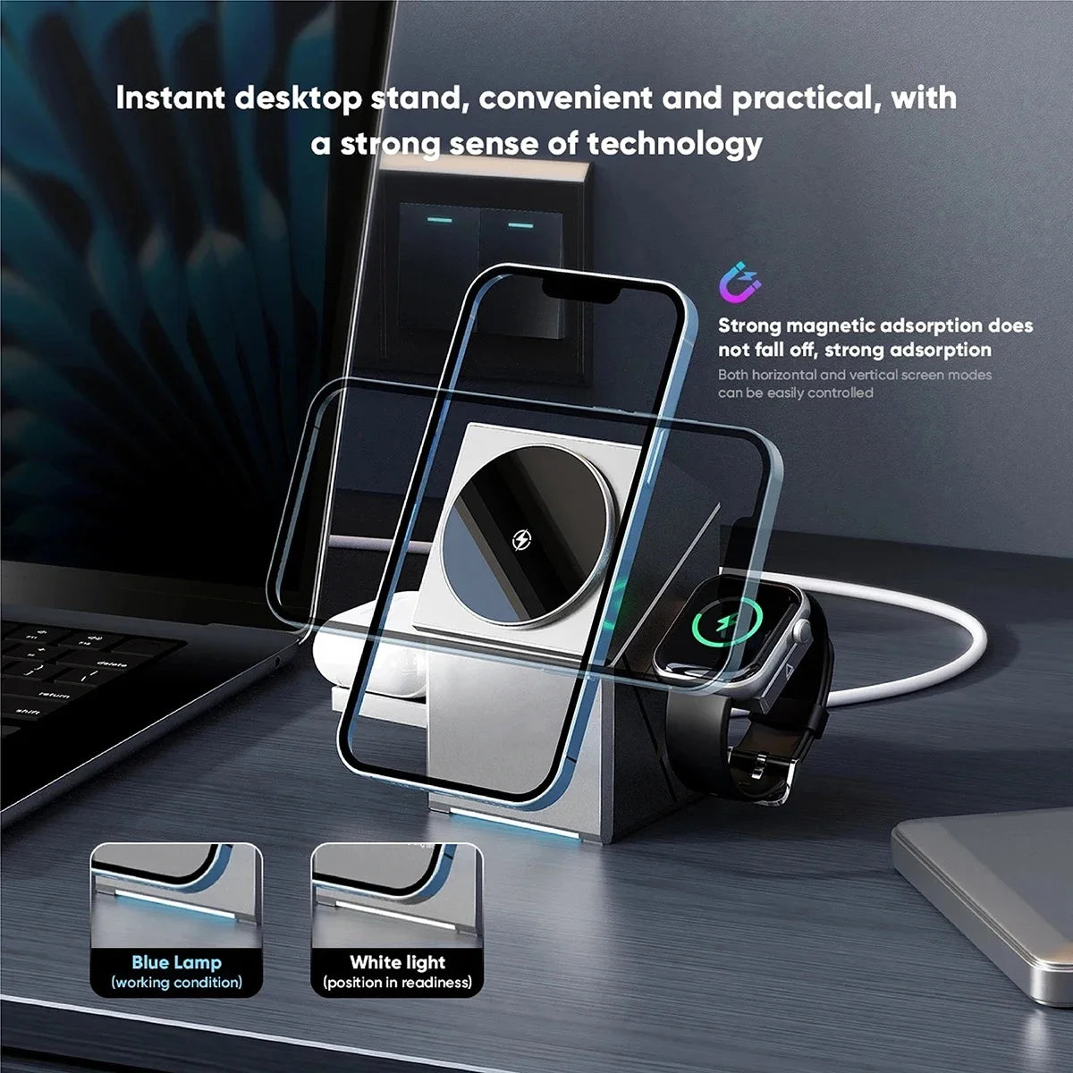 New 15W Qi2 3 In 1 Touch Autorotation Magnetic Wireless Charger For Android iPhone iWatch Magsafe Fast Charging Dock Station