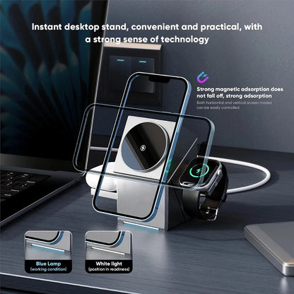 New 15W Qi2 3 In 1 Touch Autorotation Magnetic Wireless Charger For Android iPhone iWatch Magsafe Fast Charging Dock Station