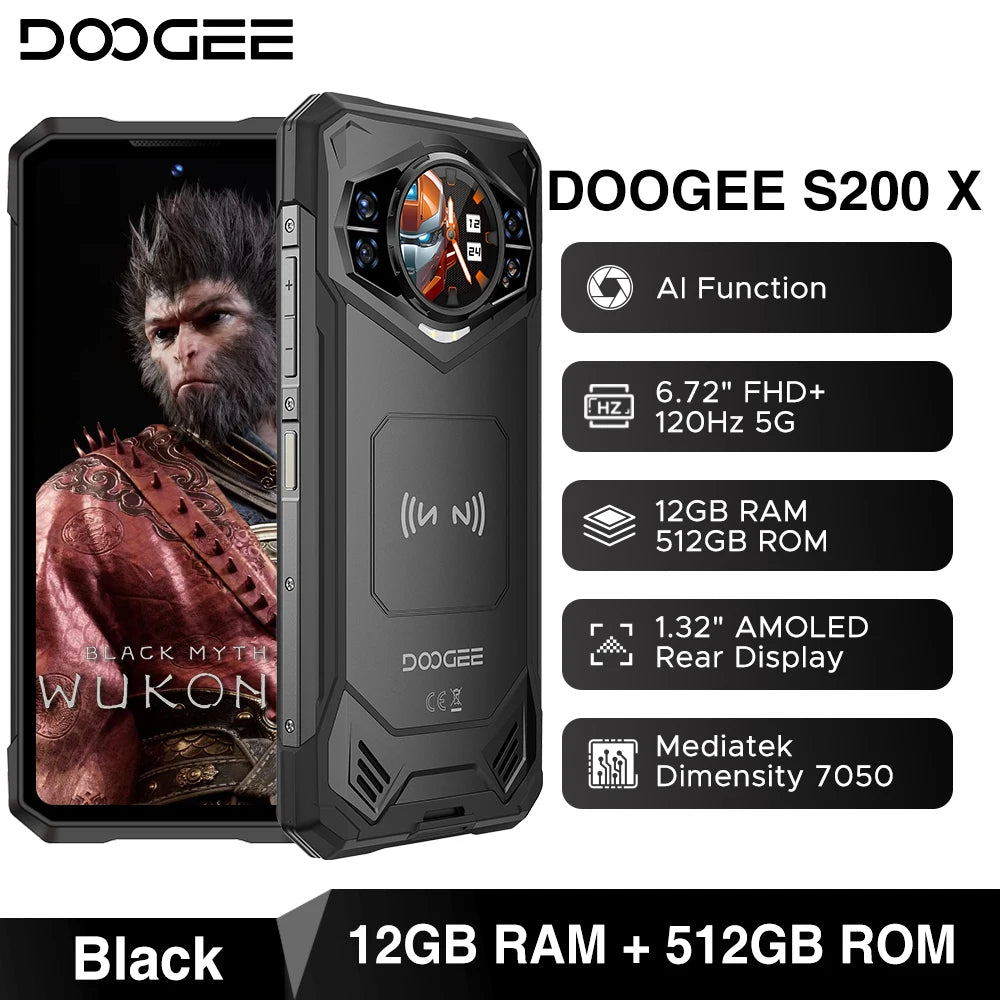 DOOGEE S200 X 5G Rugged Phone 48GB 512GB Dimensity 7050 6.72” FHD+120Hz 10100mAh 100MP Camera Android 16 NFC Smartphone