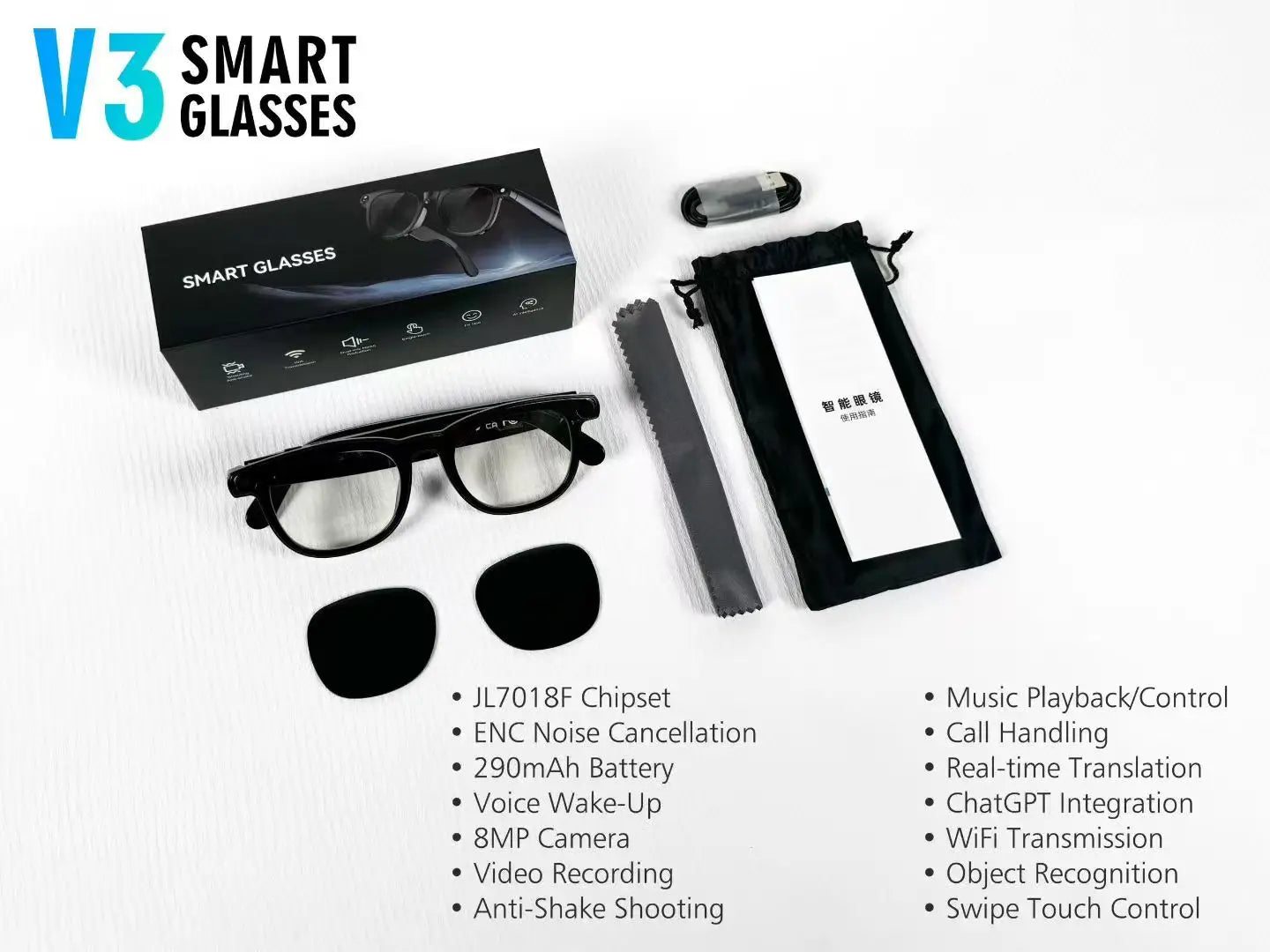 V3 AI Smart Glasses with ChatGPT, 8MP Camera Video Recording, Bluetooth Calls, Voice Wake, Music Playback Sunglasses