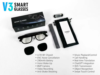 V3 AI Smart Glasses with ChatGPT, 8MP Camera Video Recording, Bluetooth Calls, Voice Wake, Music Playback Sunglasses
