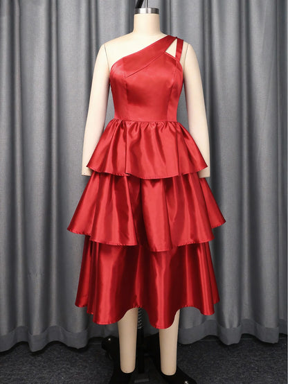 Women Elegant Shiny One Shoulder Ruffle Layered Christmas Party Dresses Date Out Birthday Wedding Guest Event Occasion Gowns New