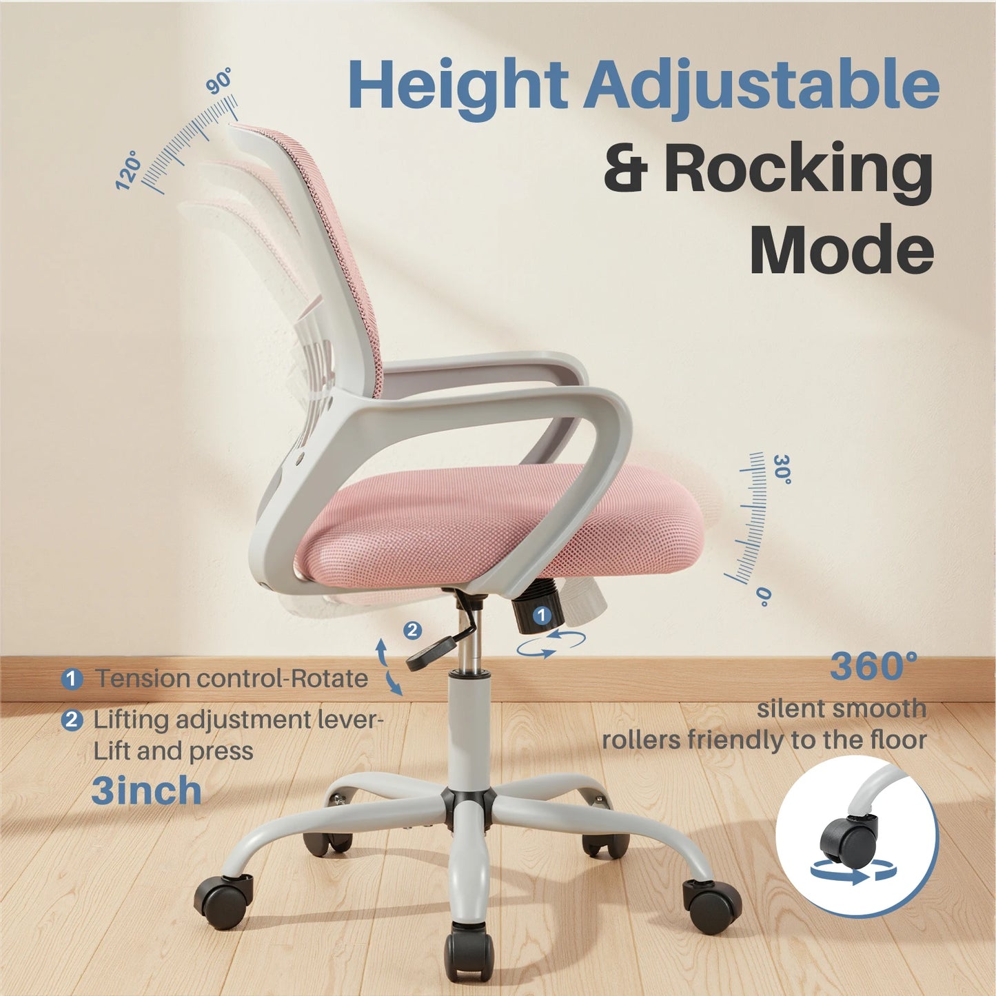 MCQ Fixed Armrest Office Desk Chair Ergonomic Mid Back with Lumbar Support Height Adjustable 360° Swivel Computer Gaming Chair