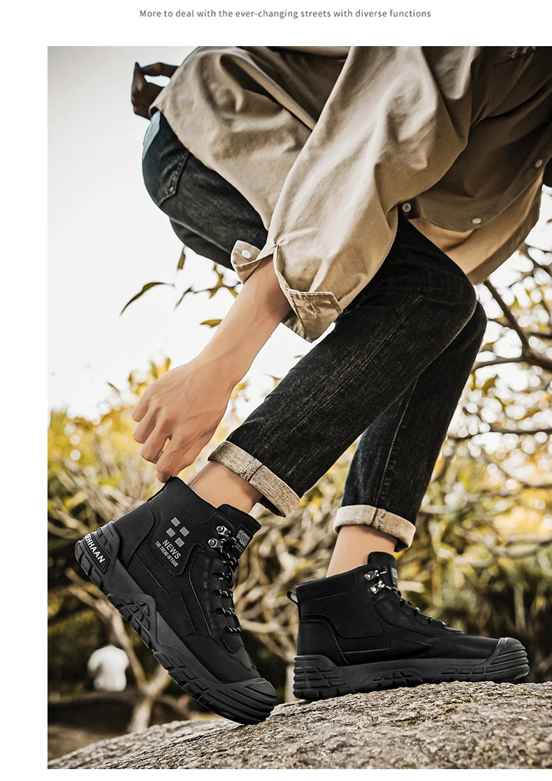 Original Black Leather Ankle Boots For Men Outdoor Non-slip Work Boots Men's Motorcycle Boots Platform High Top Bikers Shoes Man