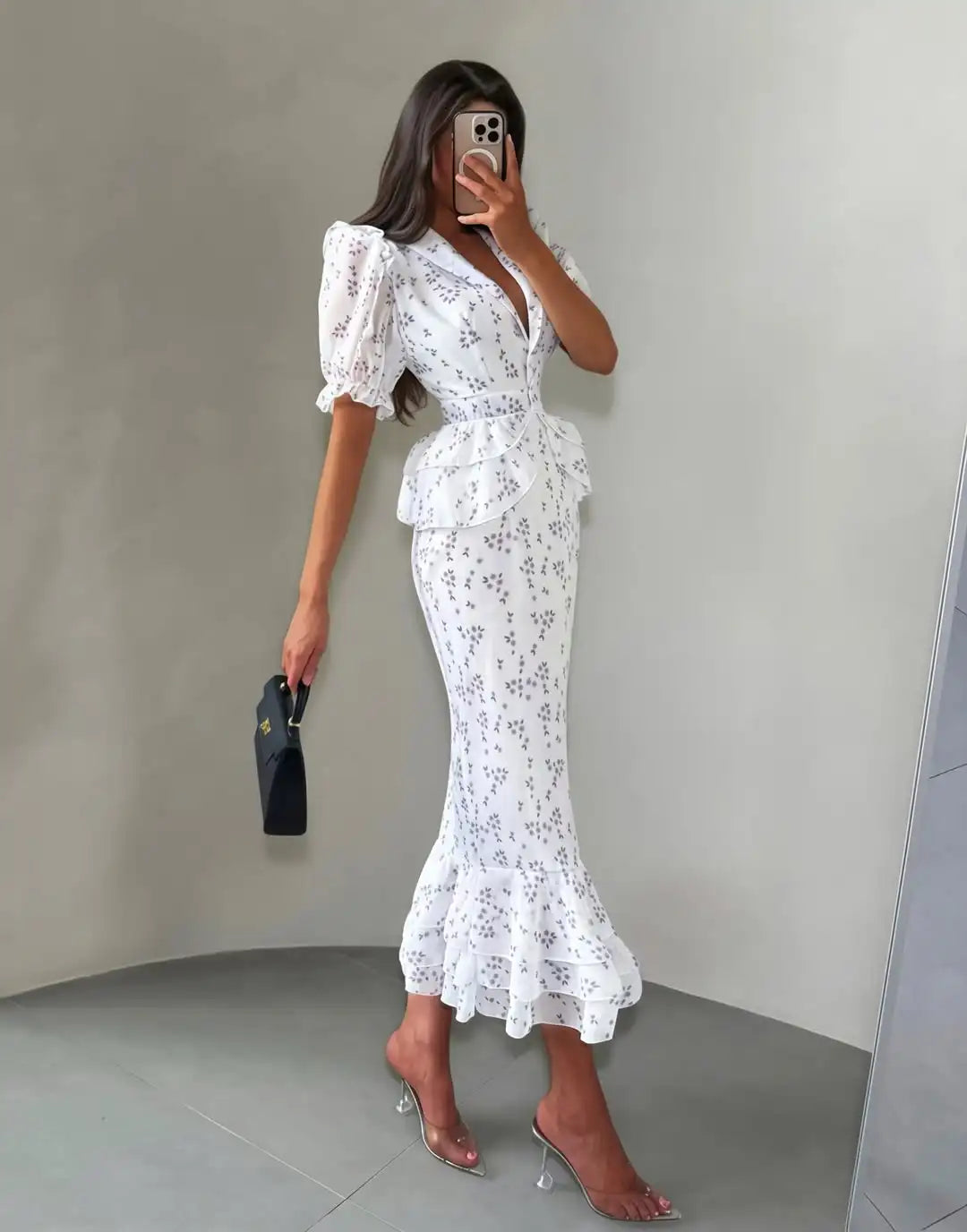 Printed V-neck Waist Cinched Pleated Dress Lapel Short Sleeve High Waisted Maxi Dresses Elegant Women's Summer New Vestidos