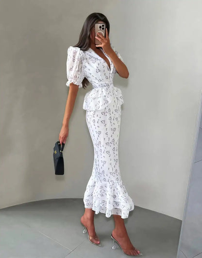 Printed V-neck Waist Cinched Pleated Dress Lapel Short Sleeve High Waisted Maxi Dresses Elegant Women's Summer New Vestidos