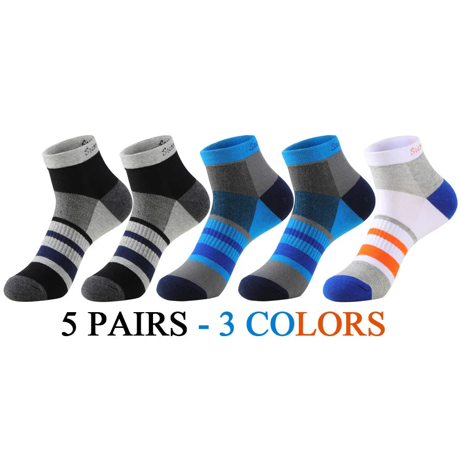 5 Pairs/Lot Running Socks Men Ankle Colorful Stripes Combed Cotton Outdoor Gym Compression Short Male Socks 5 Colors New 2025