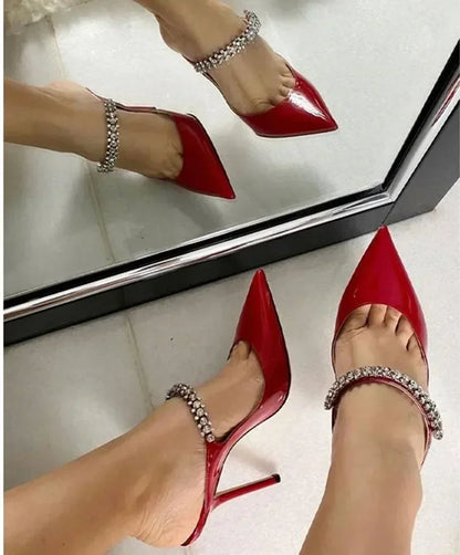 2025 New Fashionable Fine Heeled Muller Shoes with Pointed Water Diamond Chain Banquet Shallow Mouth Women's High Heel Sandals