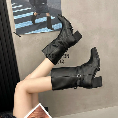 New Women Square Toe Cross Strap Buckle Knee High Boots Leather Chunky Heel Vintage Tall Boots Ladies Daily Commute Botas Mujer