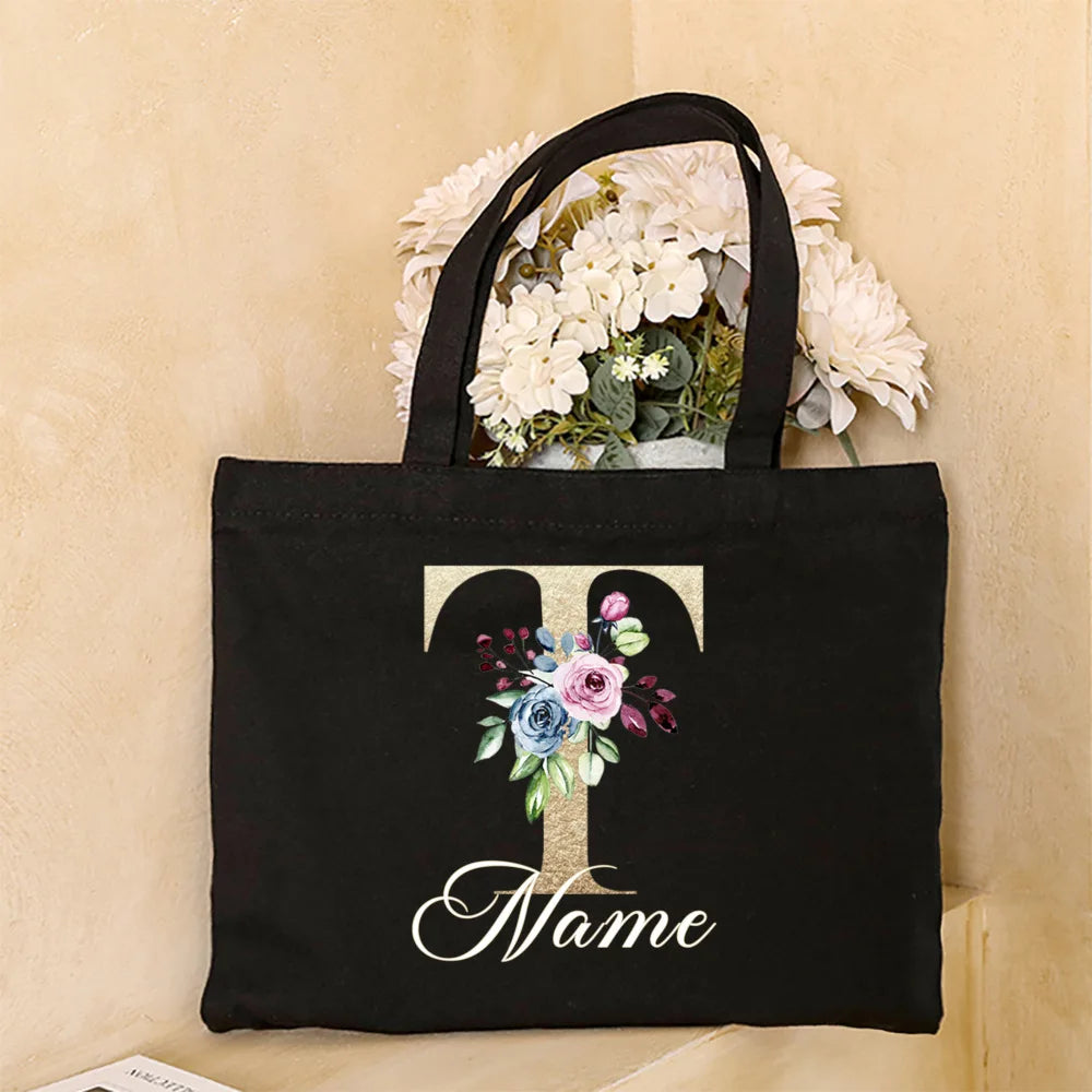 Personalized Initial with Name Tote Bag Women Canvas Shoulder Bags Monogram Shopping Bag Handbags Birthday Wedding Gifts for Her