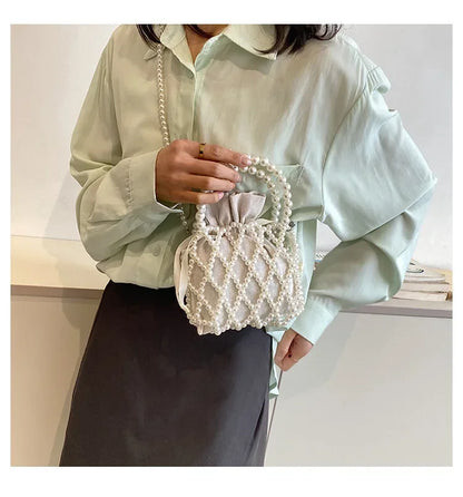 Women Pearl Bag Small Mini Tote Bucket Bag Woven Crossbody Hand Bags for Women Coin Purse Wallet Handbag Ladies Shoulder Bags