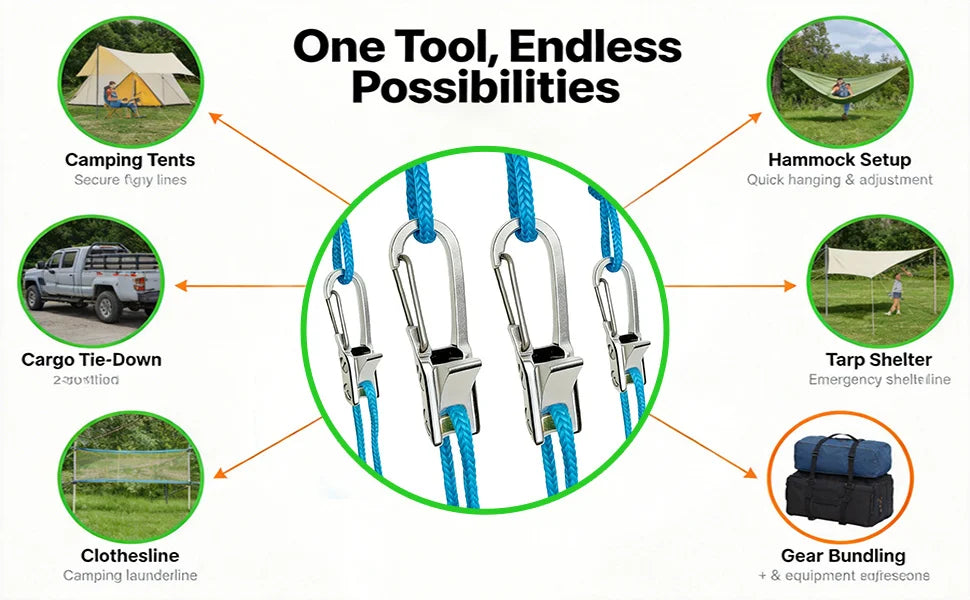 Rope Tying Tool And Tensioner with Roller Tensioner,  Heavy-Duty Retractable Buckle with Accessory Rope, Suitable for Camping